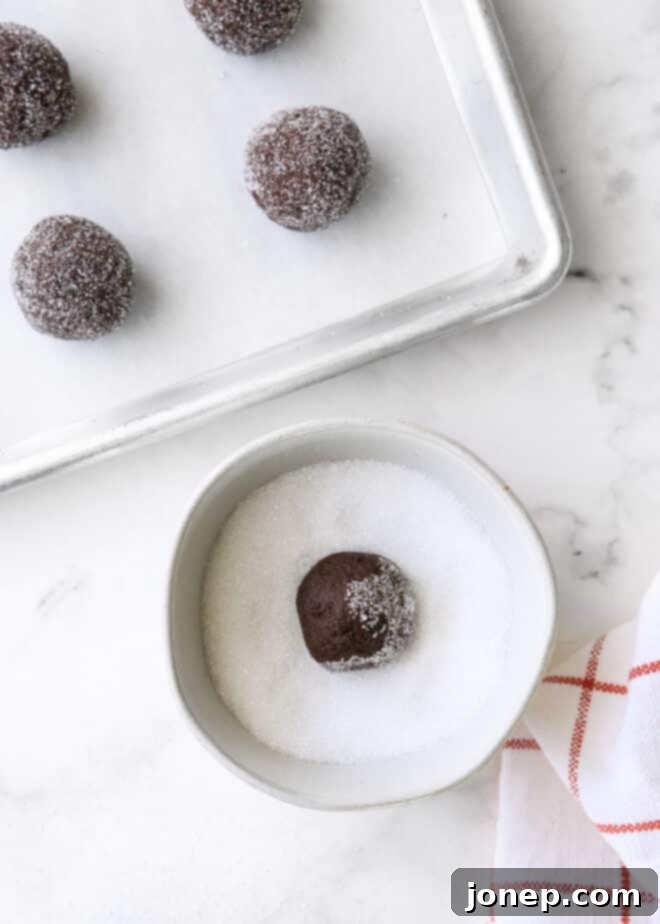 Chocolate cookie dough balls being rolled in coarse sugar