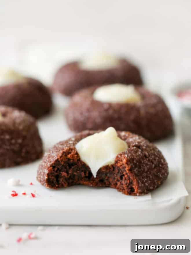Cool Mint Chocolate Thumbprint Cookies 9 A chocolate mint thumbprint cookie with a bite taken out, revealing the soft interior and ganache