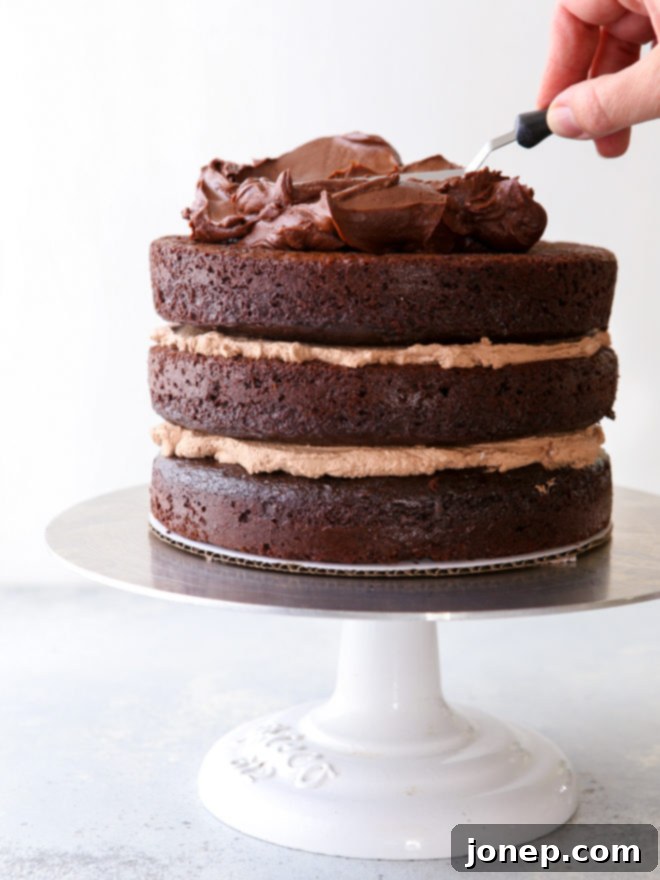 Frosting the chocolate sour cream cake