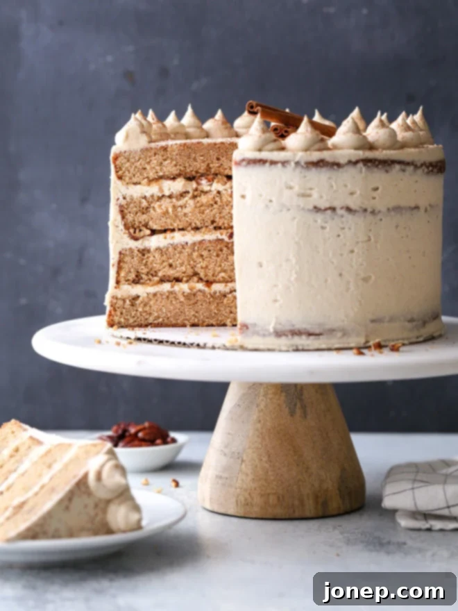 This brown sugar cinnamon layer cake is full of autumn flavor and spice, with moist cake layers and the fluffiest buttercream frosting!