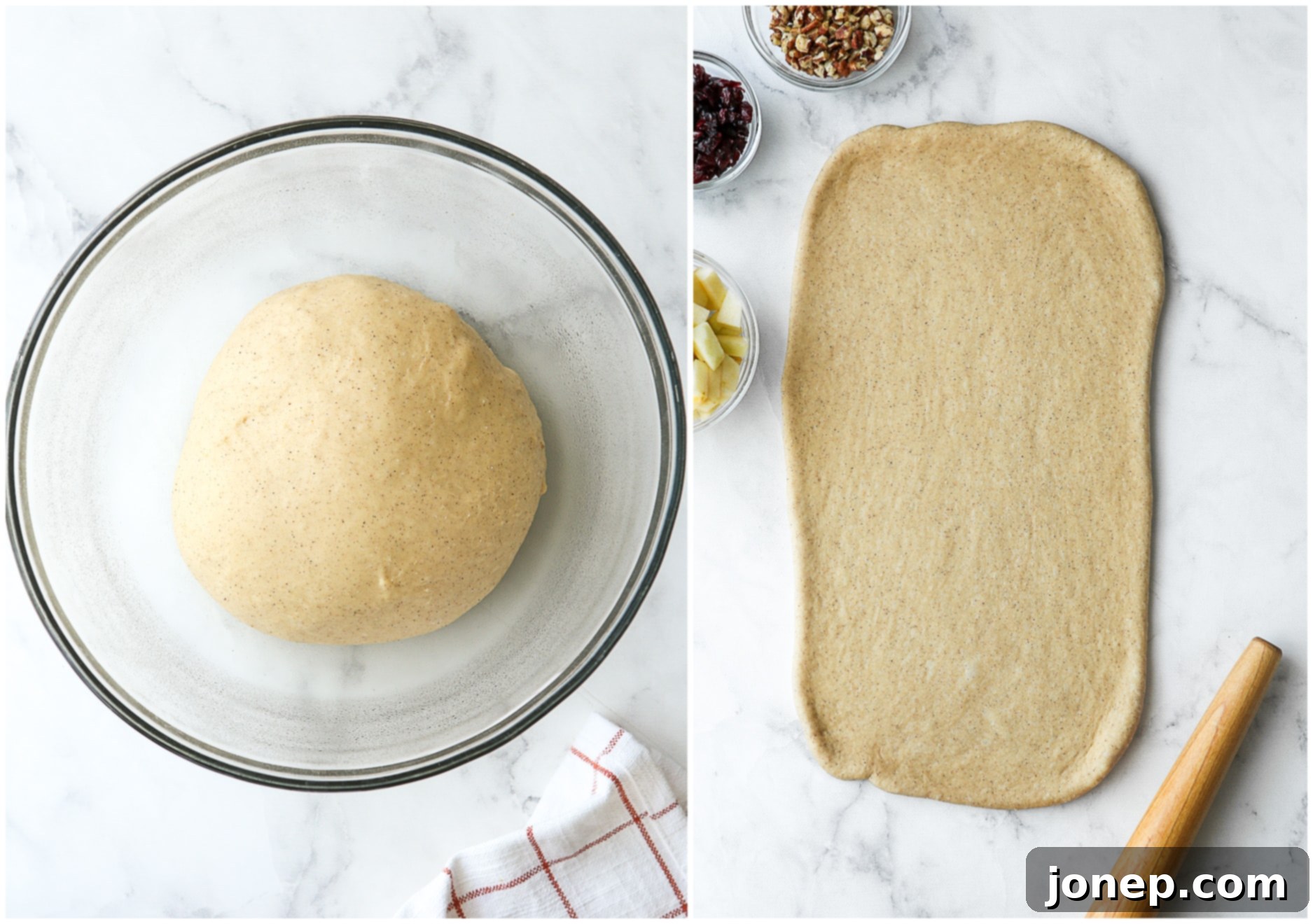 Photo showing the progression of dough from shaggy in the bowl to smooth and elastic, ready for its first rise.