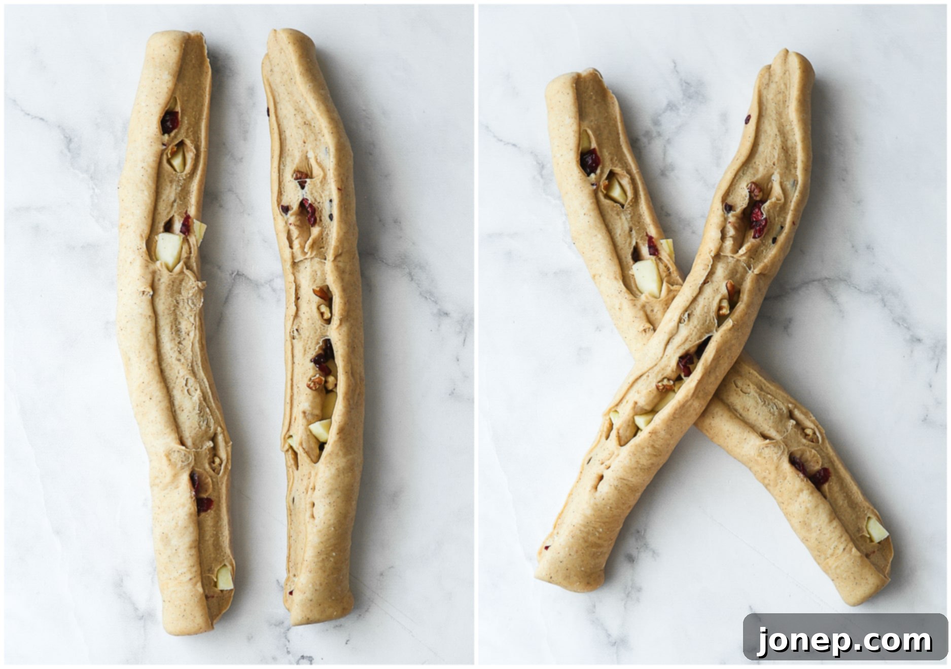 Step-by-step image demonstrating how to shape the dough log into a beautiful braided loaf, ready for its final rise.