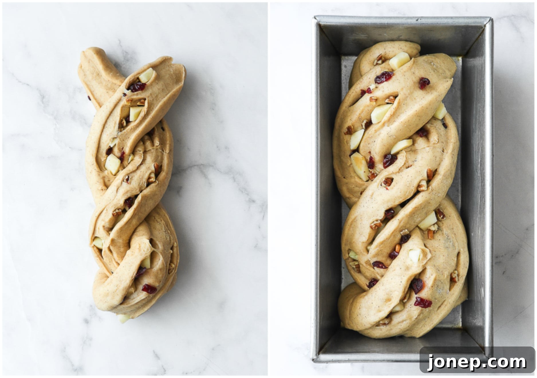A perfectly shaped braided loaf of apple cranberry bread in a loaf pan, puffed up and ready to be baked.
