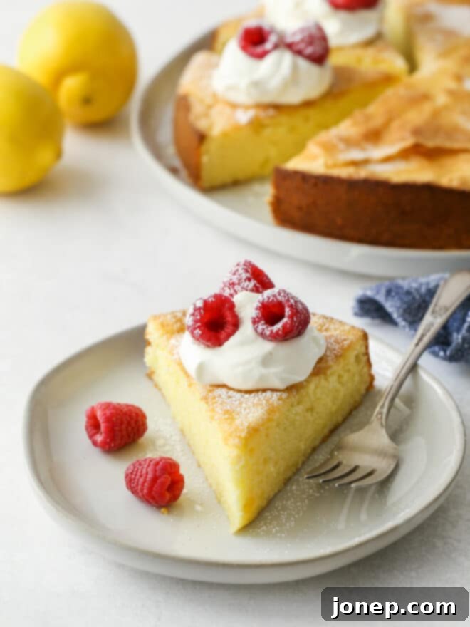 slice of lemon olive oil cake on a plate
