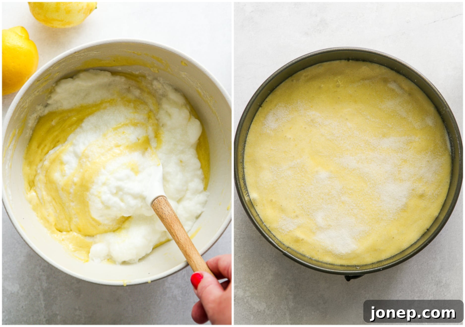 folding in egg whites and batter in pan