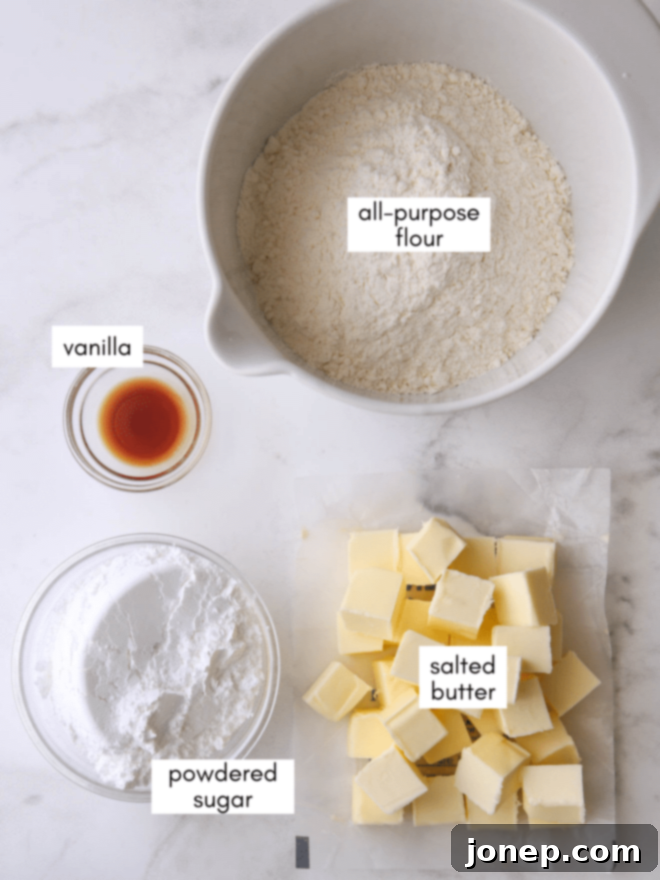 Nutty Brown Butter Shortbread 4 Four essential ingredients for brown butter shortbread: cubed butter, powdered sugar, all-purpose flour, and vanilla extract.