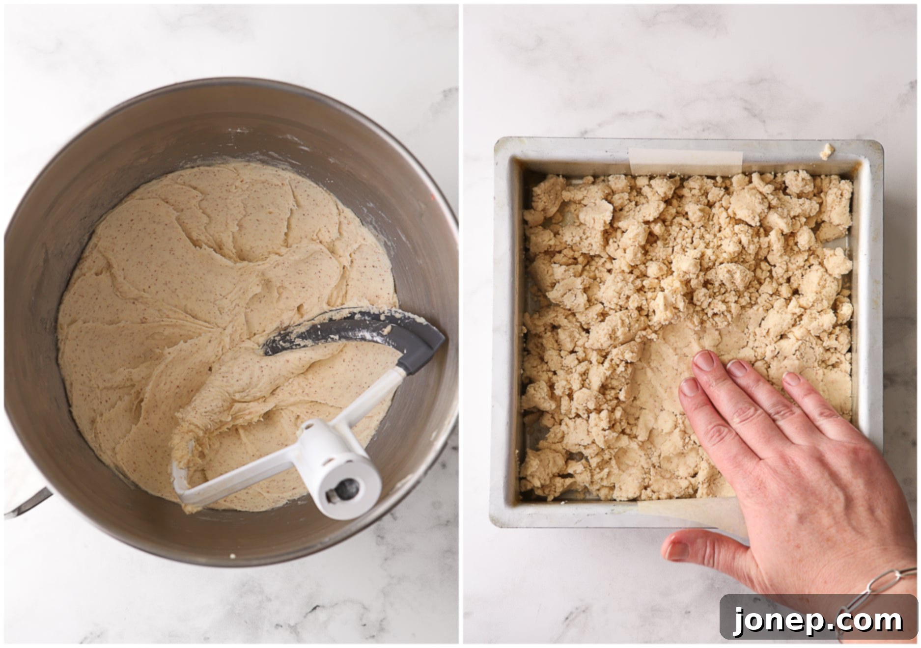 Illustrates the process of making brown butter shortbread: mixing the dough and then pressing it evenly into a square baking pan.