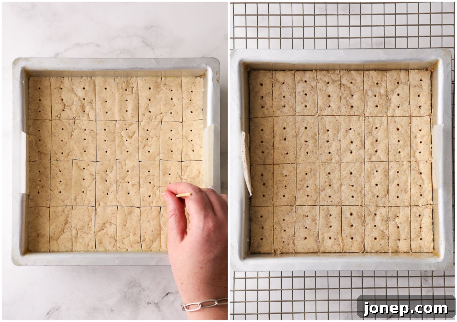 A side-by-side comparison of brown butter shortbread dough, scored and docked, before baking, and the beautifully golden-brown shortbread after baking.