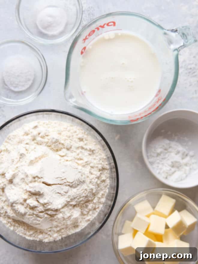 Simple Buttermilk Biscuits 2 Close-up of Ingredients for Buttermilk Biscuits: Flour, Butter, Buttermilk, Salt