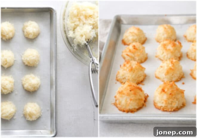 scooping coconut macaroon batter on sheet pan; baked macaroons