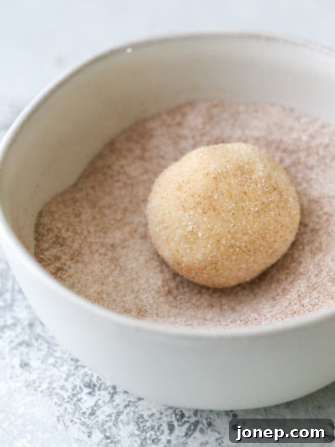 Snickerdoodles getting their signature roll in cinnamon sugar before baking.