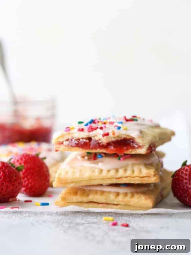 Homemade Strawberry Pop Tarts 2 Stack of golden-brown homemade strawberry pop tarts with pink frosting and sprinkles