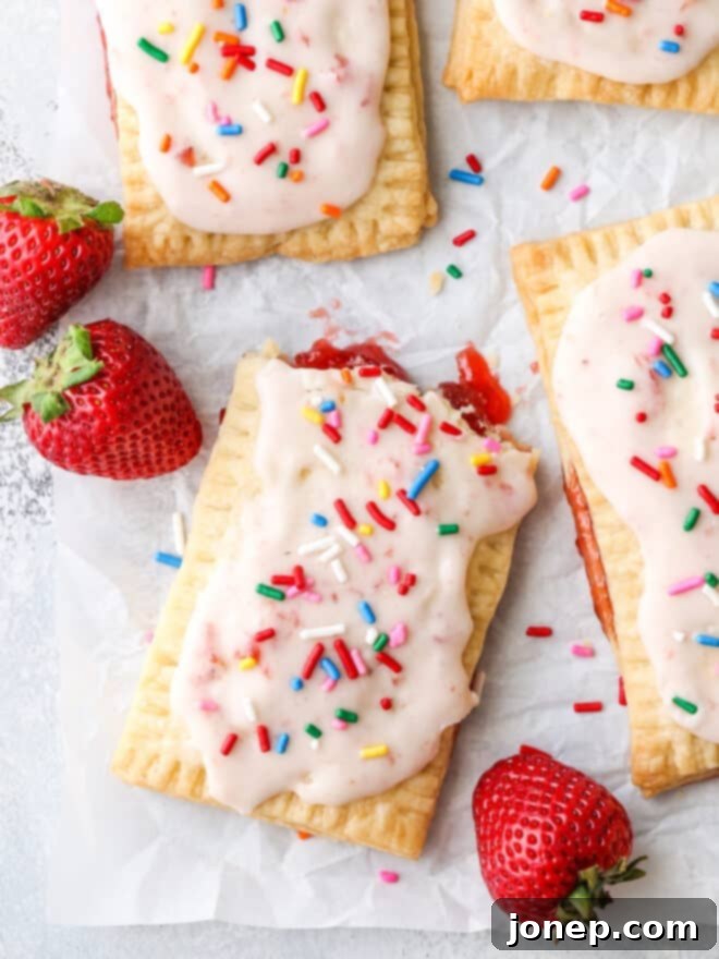 Homemade Strawberry Pop Tarts 3 Close-up of a single homemade strawberry pop tart with pink frosting and sprinkles
