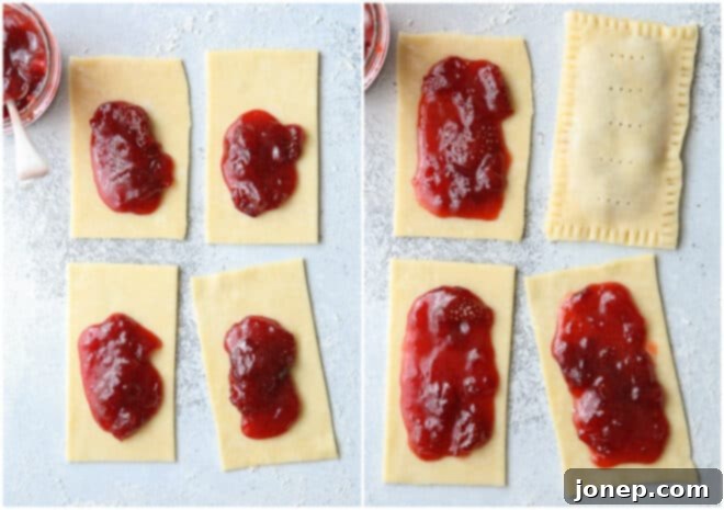 Process of filling strawberry pop tarts with preserves and sealing them