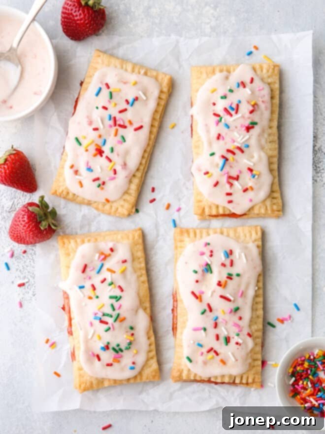 Baked strawberry pop tarts with frosting and rainbow sprinkles on a wire rack