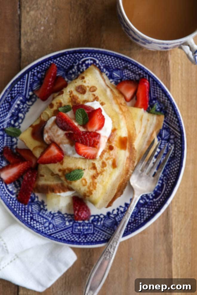 Crepes with balsamic strawberries and mascarpone cream make a fancy but easy brunch meal