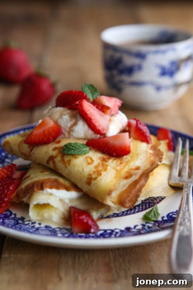 A simple but elegant brunch - crepes with balsamic strawberries and mascarpone cream