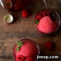Rosé Kissed Raspberry Sorbet 2 Close-up of Raspberry Rosé Sorbet in a bowl