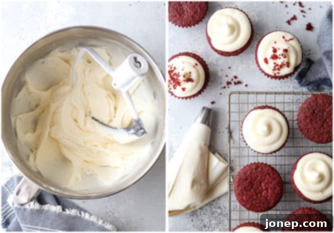 Decorating classic red velvet cupcakes with a rich and creamy cream cheese frosting using a piping bag.