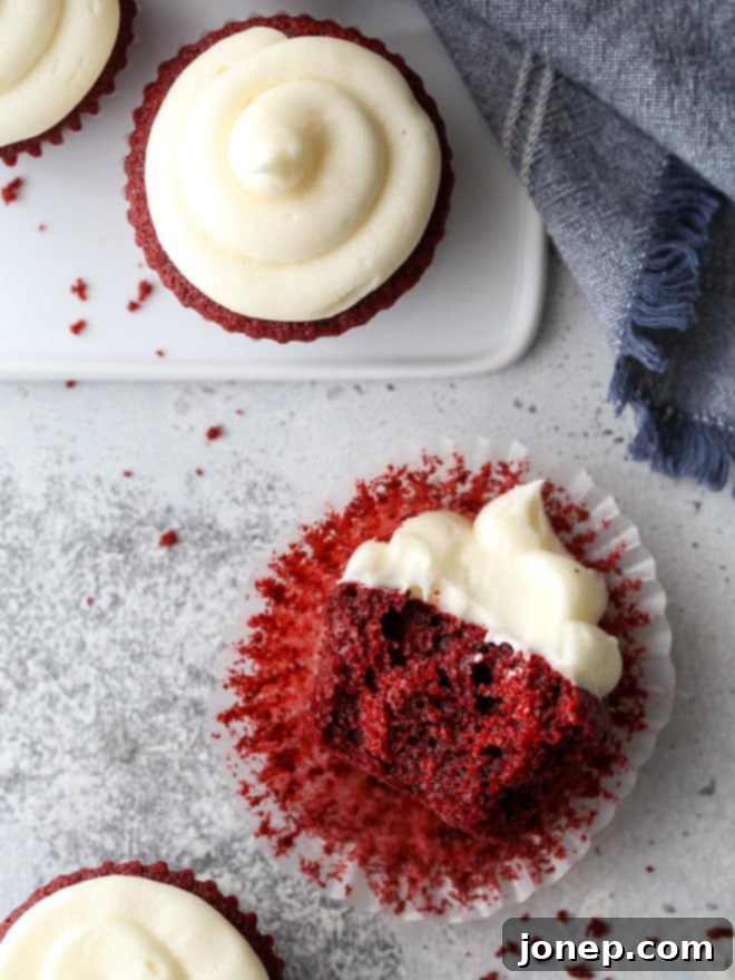 A top-down view of tender and moist red velvet cupcakes with rich, piped cream cheese frosting.