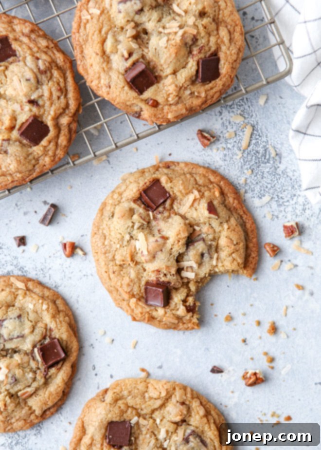 These cookies packed with toasted coconut, pecan, and dark chocolate have crisp edges, chewy centers and irresistible flavor.