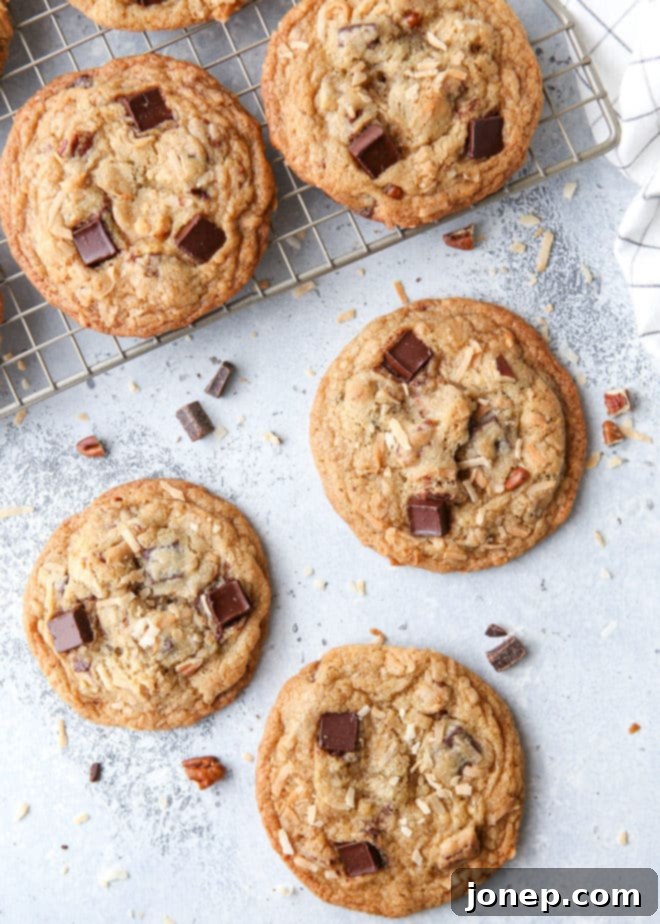 These cookies packed with toasted coconut, pecan, and dark chocolate have crisp edges, chewy centers and irresistible flavor.