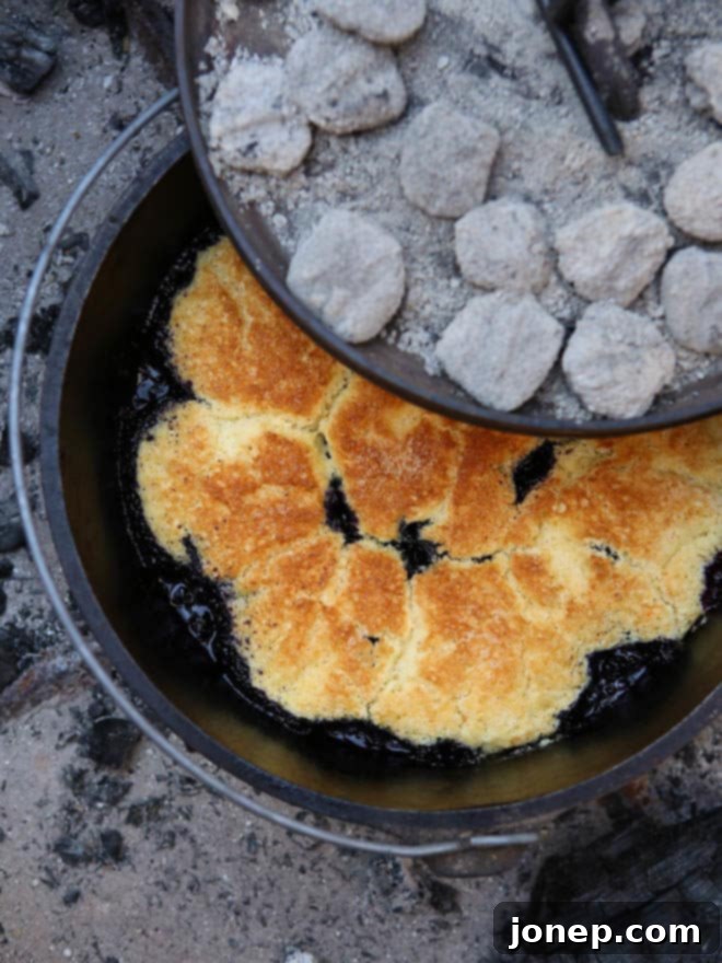Effortless Dutch Oven Cobbler 6 Serving a warm, bubbly 4-ingredient Dutch oven fruit cobbler with a dollop of whipped cream