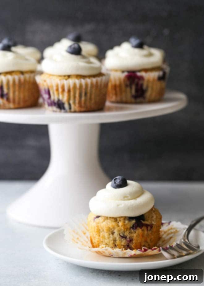 Several blueberry muffin cupcakes with lemon cream cheese frosting displayed on a white plate, ready to be served at a brunch.