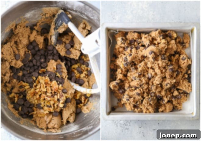Wholesome Chocolate Chip Cookie Bars 4 Cookie bar dough in a mixing bowl and pressed into a parchment-lined baking pan, ready for the oven