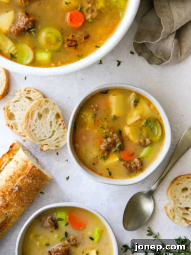 Rustic Italian Sausage & Leek Soup 2 A comforting bowl of potato leek and Italian sausage soup with crusty bread on the side, ready to be enjoyed on a cold day.