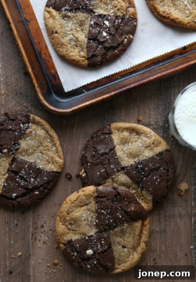 Beautifully textured Malted Chocolate Chip and Reverse Chip Cookies sprinkled with flaky sea salt.