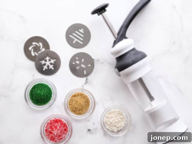 Festive Spritz Cookie Delights 4 A close-up view of a cookie press, loaded with spritz cookie dough, poised to create beautiful cookie shapes.