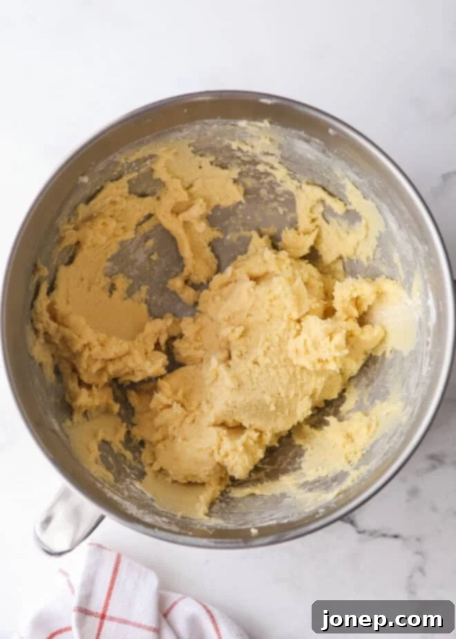 A mixing bowl with spritz cookie dough, showing the creamy texture before shaping.