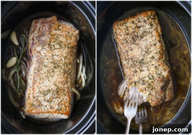 slow cooker rosemary balsamic pork roast before and after cooking