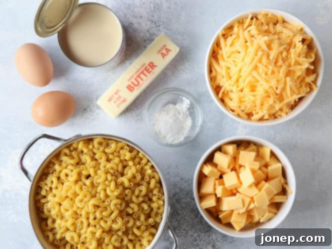 A selection of fresh ingredients laid out for making the easiest stovetop mac and cheese