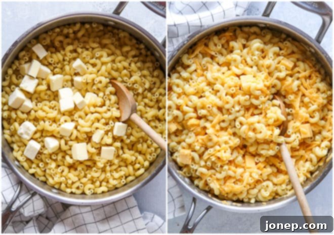 Preparing the easy stovetop mac and cheese with various ingredients in a pot