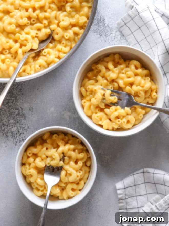 A close-up shot of the finished 15-minute stovetop mac and cheese, creamy and delicious
