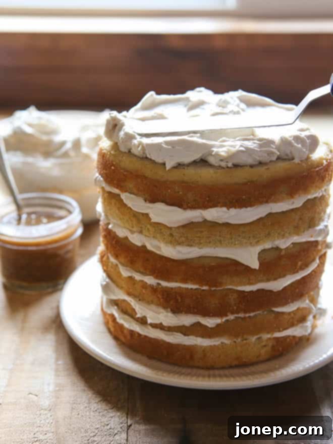 Overhead shot of the decadent Bourbon Butterscotch Layer Cake, showing off its rich texture.
