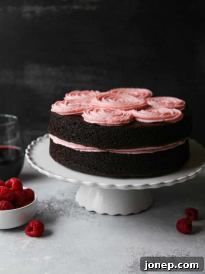Rich Red Wine Chocolate Cake with vibrant Raspberry Buttercream swirls, ready to be served