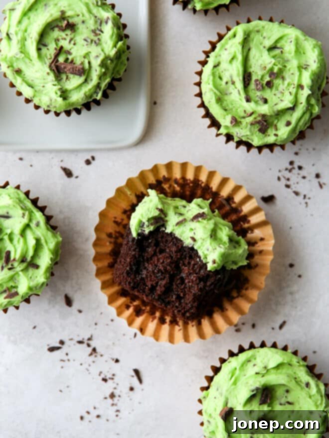 Minty Cocoa Bliss Cupcakes 3 A mint chocolate chip cupcake with a bite taken out, clearly revealing the moist dark chocolate cake interior and the creamy light green frosting studded with chocolate pieces.