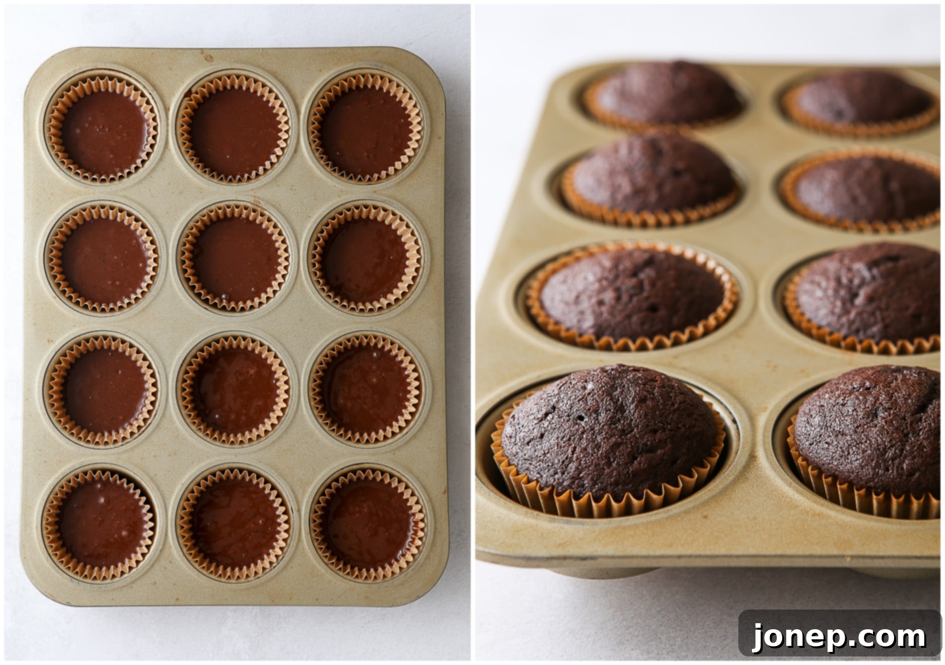 A split image displaying a muffin pan filled with chocolate cupcake batter before baking and the same pan with perfectly baked and beautifully domed cupcakes after baking, ready for cooling.