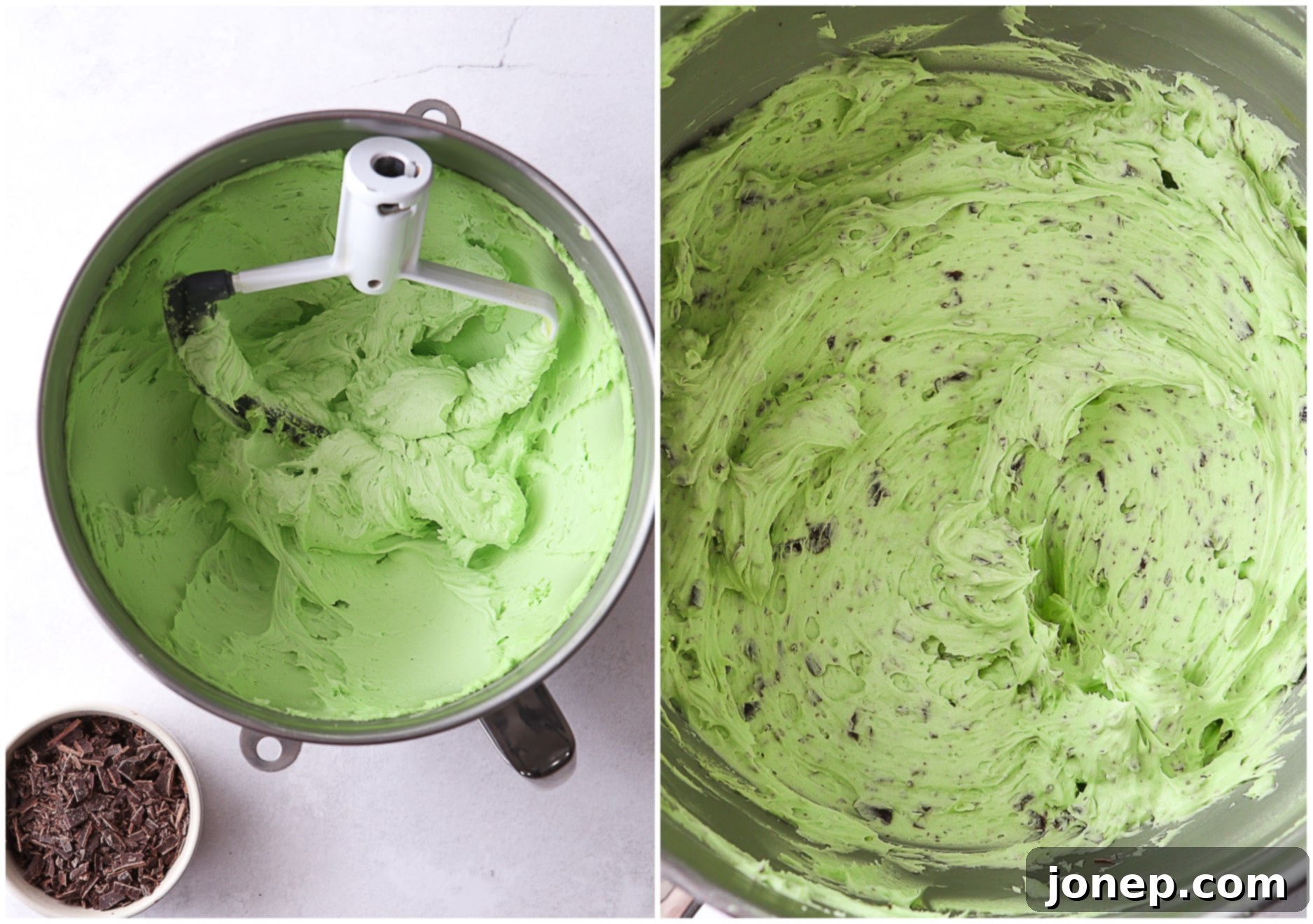 Vibrant mint green frosting being mixed in a stand mixer bowl, showcasing its smooth, creamy texture with small, enticing chocolate chunks visible throughout.