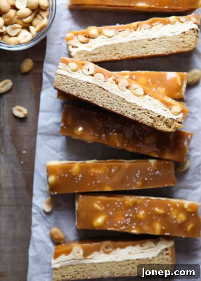 Platter of delicious Salted Caramel Peanut Bars, perfectly cut and ready to enjoy.
