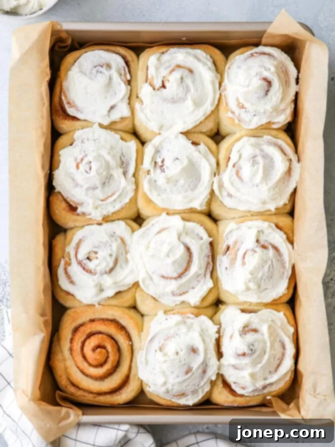 frosted no-knead cinnamon rolls in a pan