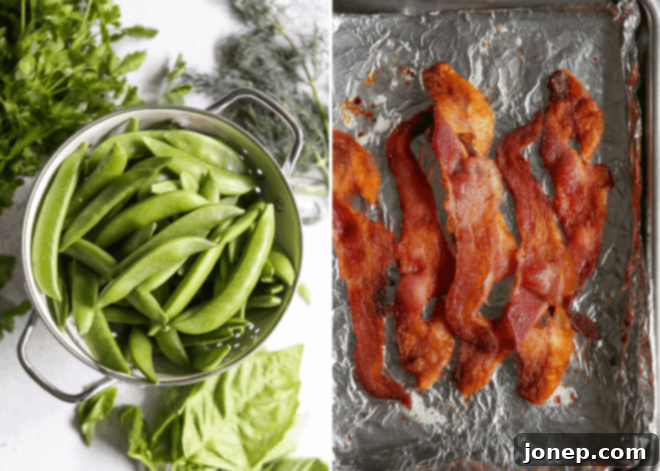 Luscious Creamy Sugar Snap Pea and Bacon Salad 3 sugar snap peas and crispy bacon