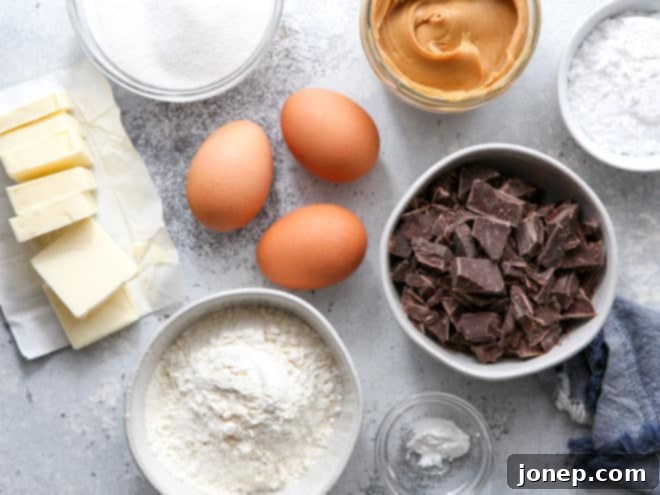 Ingredients laid out for making peanut butter swirl brownies