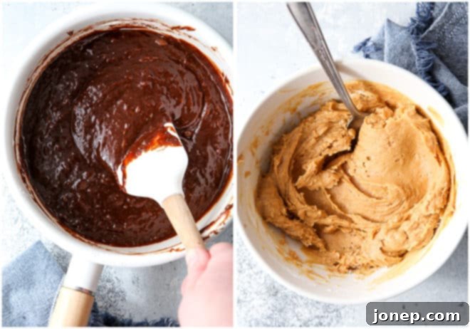 Brownie batter and peanut butter filling in separate bowls