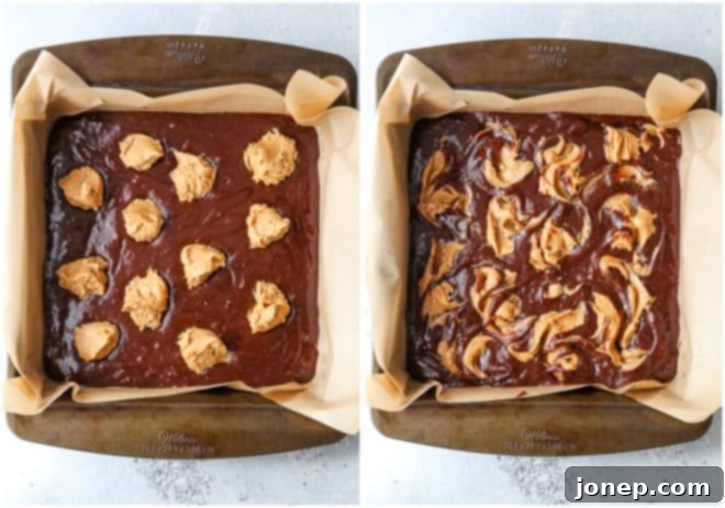 Process of swirling peanut butter into brownie batter