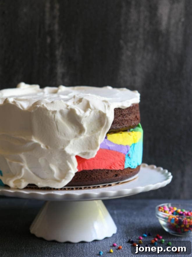 Close-up of Rainbow Ice Cream Cake Layers