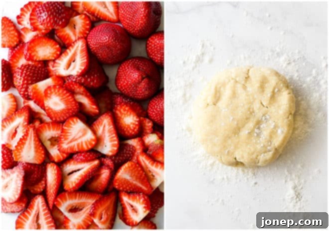 Rustic Strawberry Skillet Pie 4 sliced strawberries and a disk of pie dough